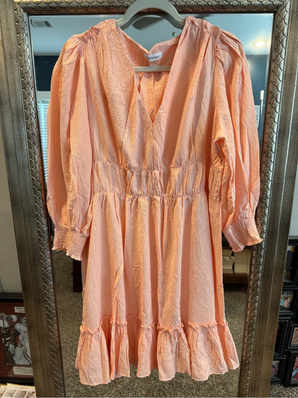 Calvin Klein Peach Ruffle Long Sleeve Dress